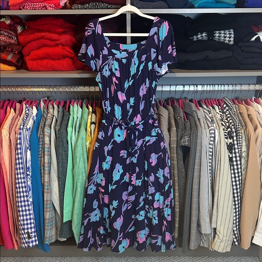 Colleen Lopez navy/pink floral short sleeve elastic waistband midi dress size SP